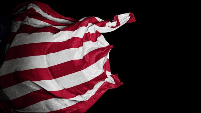 Realistic 3D animation of the dark and grungy national flag of the United States of America as fly away opener rendered in UHD with alpha matte