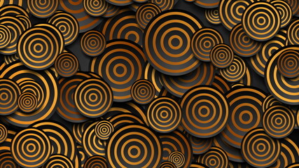 Black circles with golden rings abstract geometric background