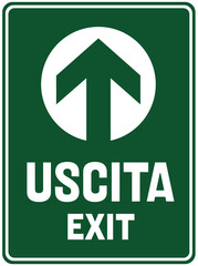 A sign in green color  that says : exit in english and italian language 