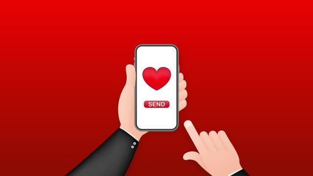 Smartphone hand love. Social network concept. Hand holding mobile phone. Like icon. Mobile internet, social media. Motion graphics