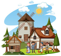 Obraz na płótnie Canvas Medieval house with windmill and villagers
