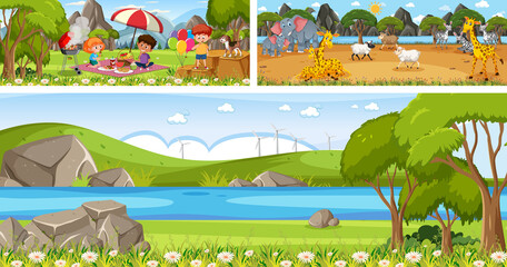 Set of different outdoor landscape scenes with cartoon character