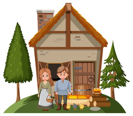 Farmhouse with villagers on white background