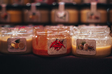 Glass jars with natural flower honey with different tastes. Organic and natural food