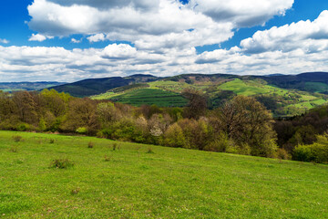 Fototapeta na wymiar Springtime mountain scenery with hills covered by meadows, forest and blue sky with clouds