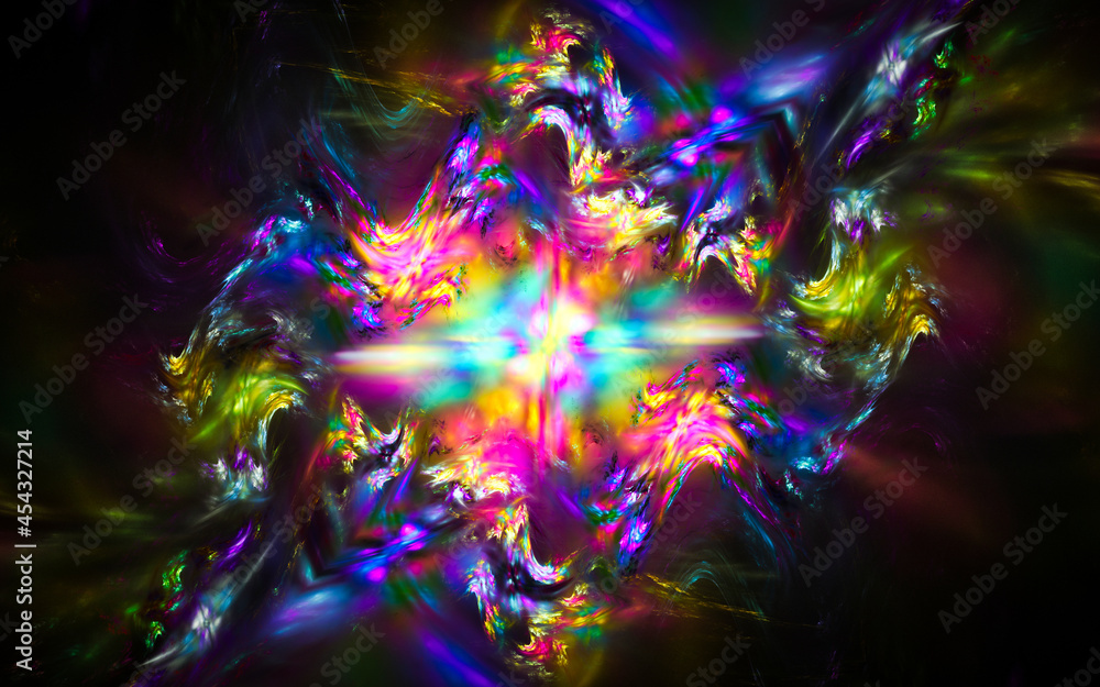 Poster abstract computer illustrations of fantastic energy waves of various shapes and shades on a black ba