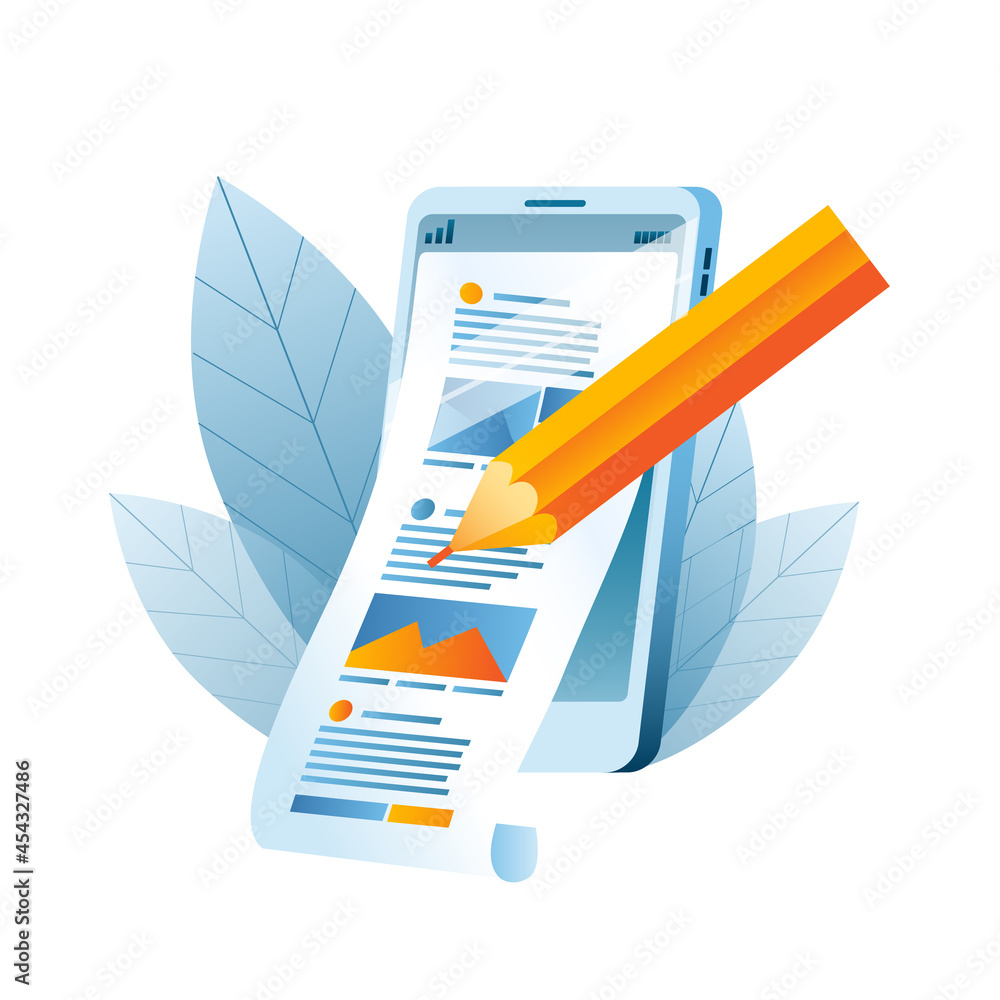 Poster a mobile phone with a news feed and a pencil that edits the content. vector illustration on the topi