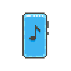 colorful simple flat pixel art illustration of modern smartphone with black musical note on the screen