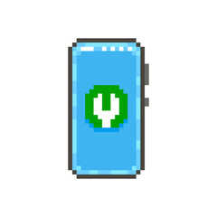 colorful simple flat pixel art illustration of modern smartphone with round green wrench icon on the screen