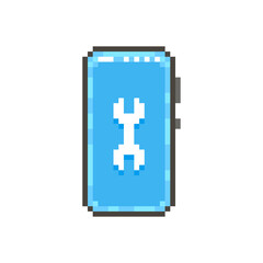 colorful simple flat pixel art illustration of modern smartphone with white wrench sign on the screen