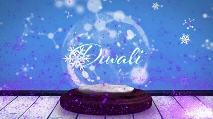 Animation of diwali text in snow globe with shooting star and snow falling - Powered by Adobe