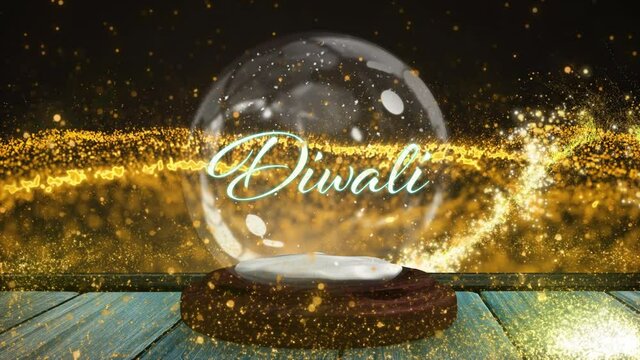 Animation of diwali text in snow globe with shooting star and snow falling