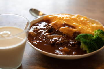 Omelette and Beef soup breakfast