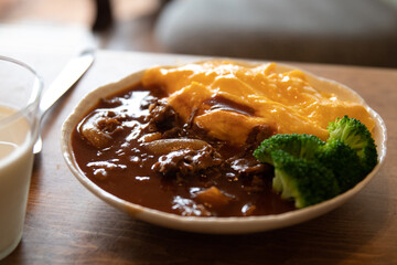 Omelette and Beef soup breakfast