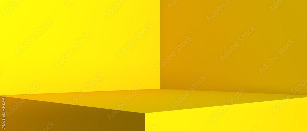 Poster yellow podium and minimal abstract background geometric shape 3d rendering, studio room.