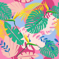 Tropical summer jungle leaves seamless pattern on a pink background. Vector illustration