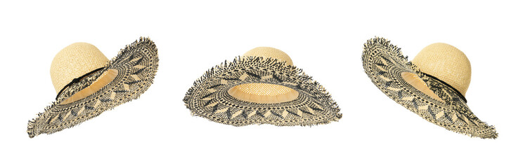 Set with stylish straw hats on white background, banner design. Stylish headdress