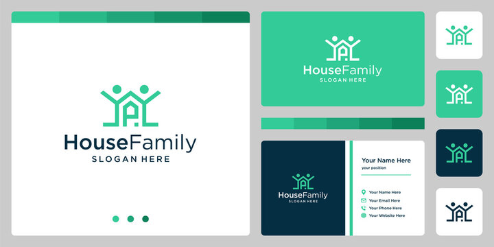 house building design logo with family logo and initial letter P. business card design