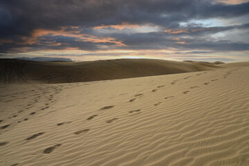 Fototapeta na wymiar Sand dunes with a cloudy and dark sky