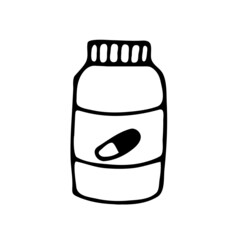 Doodle bottle with vitamins, a bottle with tablets, vector vitamin capsules. A bottle of vitamins and food additives. Vector of drawing by hand.   