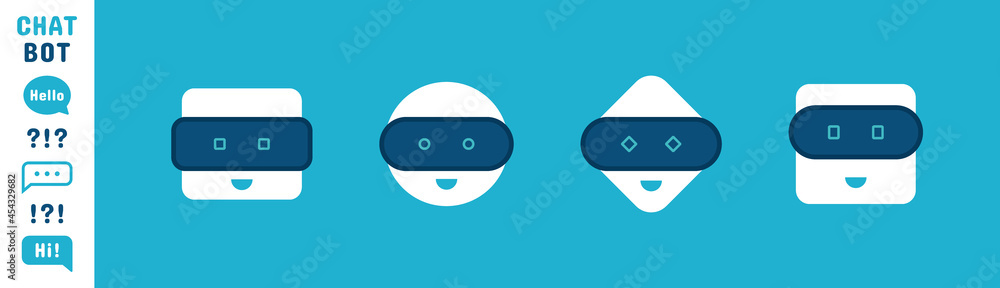 Poster chatbot character set. cute bot sign. chat bot logo design. bot for online consultation and support 