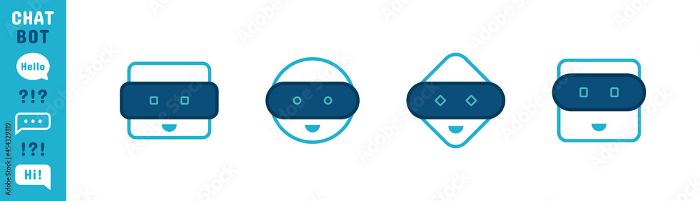 Poster chatbot character set. cute bot sign. chat bot logo design. bot for online consultation and support 