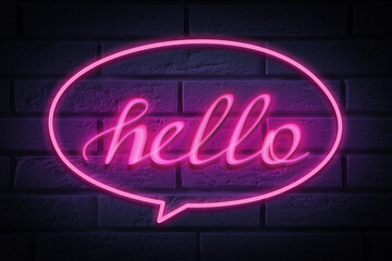 Obraz premium Stylish neon sign with word Hello on brick wall