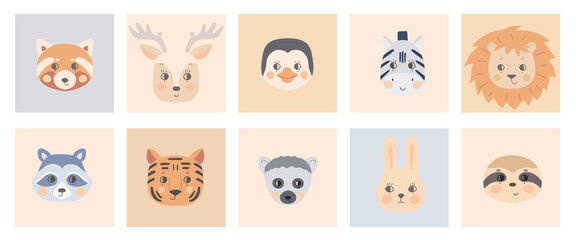 Cute simple animal faces on colorful backgrounds. Portrait of a cartoon funny lion, lemur, hare, tiger, penguin, zebra, deer, raccoon, red panda, sloth. Vector for baby clothes, nursery, kid posters.