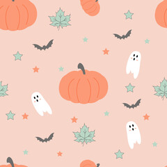 Obraz na płótnie Canvas Seamless fabric pattern happy halloween. Background with pumpkins for halloween. Wallpaper with ghosts and pumpkins. Vector illustration for halloween.