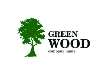 Wood Tree Logo Template. A simple scratch oak tree silhouette on green background. Modern vector sign. Premium quality illustration logo design concept.