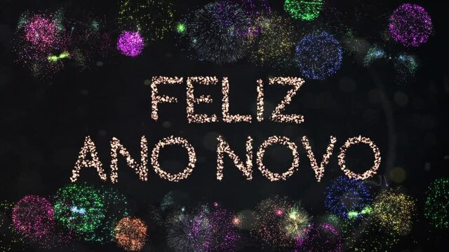 Animation of feliz ano novo text with fireworks exploding on black background