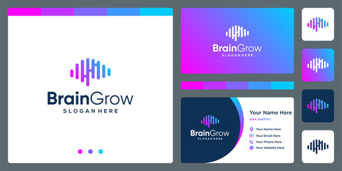brain technology logo with growth investment arrow and business card design template