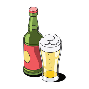 Beer glass bottle. Vector 3d sketch line isometric, color icon illustration, flat style. Creative design idea and elements for infographics and website.