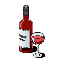 Red Wine Bottle Glass. Vector 3d sketch line isometric, color icon illustration, flat style. Creative design idea and elements for infographics and website.