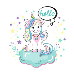 A beautiful unicorn sits on a cloud and says hello