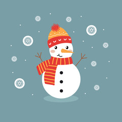 Cute snowman in a warm hat with a scarf on a blue background with snowflakes. Modern colorful  vector illustration for banner, greeting card, sticker and other