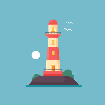 Lighthouse on island and sea in flat style. Vector illustration