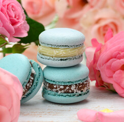 Obraz na płótnie Canvas stack of blue macarons on a white table and pink rosebuds, delicious dessert