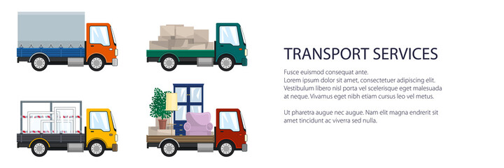 Colorful small trucks with different loads , empty and covered trucks, lorries with furniture and windows, delivery services banner, transport services and logistics, vector illustration