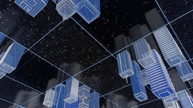 Abstract 3D layout of a city turned upside down, seamless loop. Animation. Abstract landscape of a futuristic city with high rise buildings abd streets.