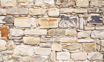 a stone wall made of cobblestones and bricks in the form of a texture as a background for a picture