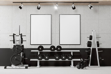 Two posters on the wall in the gym mockup. 3D rendering
