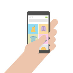 A hand holding a smartphone and surfing a clothes shop online. Isolated vector illustration