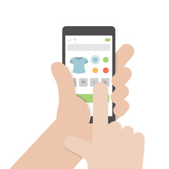 A hand holding a smartphone and buying clothes in an online shopping. Isolated vector illustration