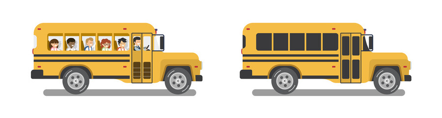 Fototapeta na wymiar Empty and full of pupils school bus. Flat design. Isolated vector illustration