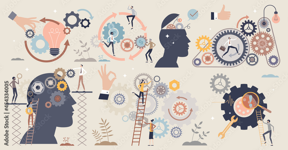 Poster teamwork gears as business cooperative machinery tiny person collection set. project development and
