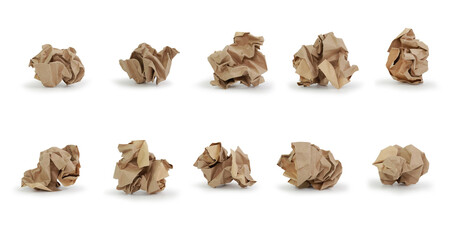 Brown crumpled paper isolated on white background. Set collection