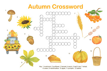 Fall seasonal crossword puzzle, autumn watercolor activities printable worksheet for kids, educational game