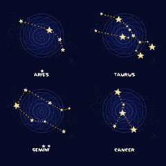 Fototapeta na wymiar Set of zodiac constellations aries, taurus, gemini, cancer