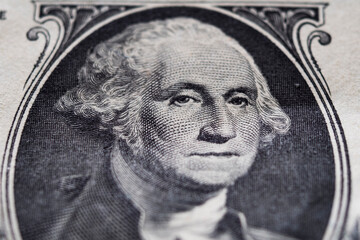 Portrait of George Washington on 1 dollar bill extreme close-up